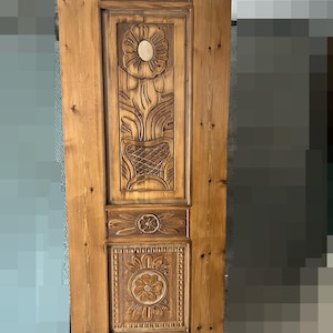 Handcarved Solid Wood Door: Rustic Floral Design (32x80 inches)