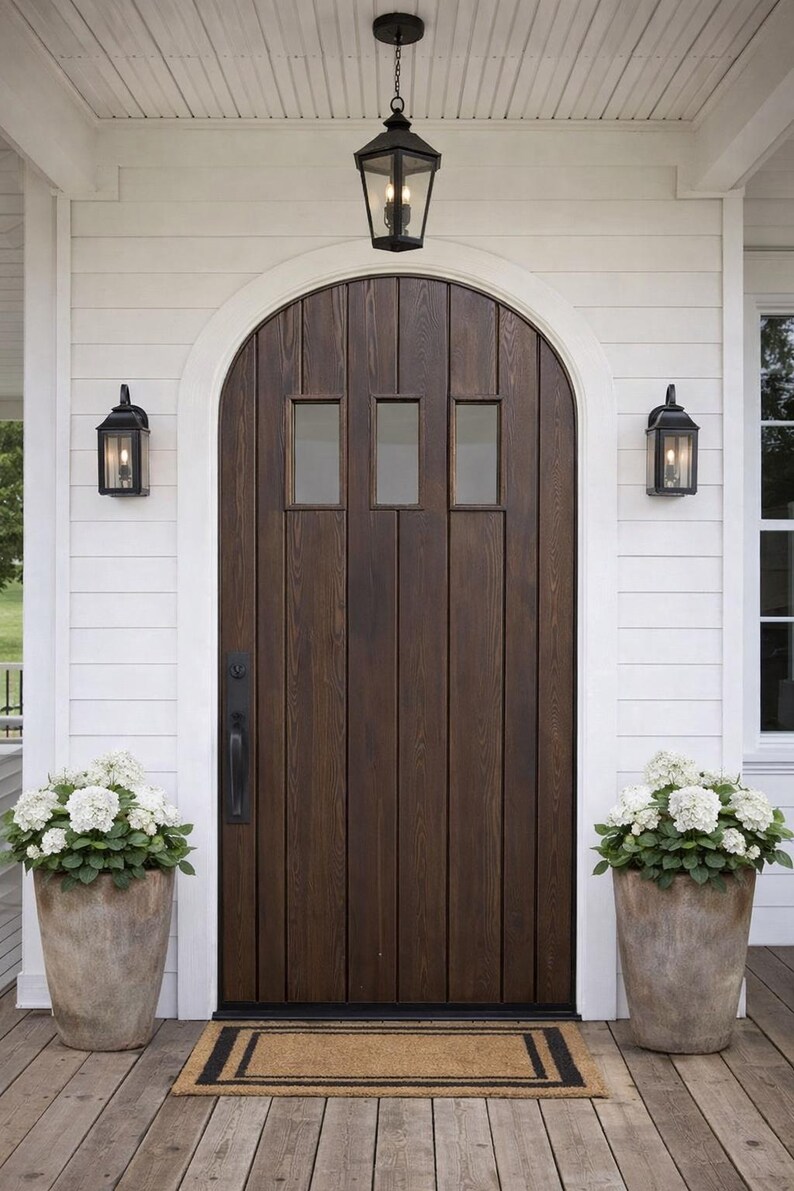 Arched Farmhouse Plank Entry Front Door With Glass Panels – Rustic ...