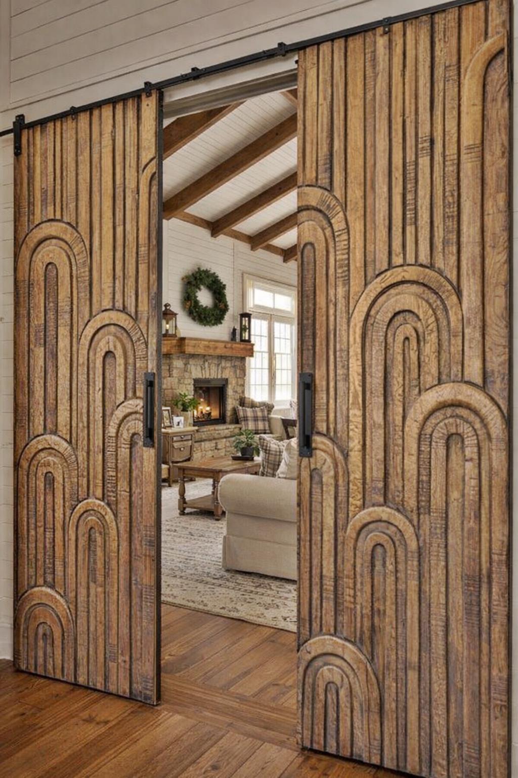 Hand Carved Sculptural Wood Door, Art Deco Geometric Arch Design ...
