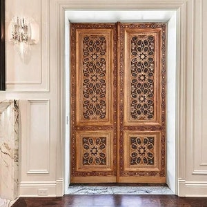 Hand-Carved Double Front Door: Custom Solid Wood, Authentic Design