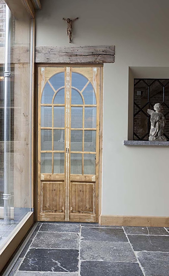 Handcrafted Arched French Double Doors: Rustic Wooden Pocket