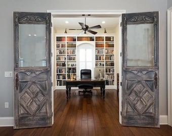 Antique Hand Carved French Door, Black Distressed, Custom Built Interior Exterior Doors, Sliding, Hinge, Double & Single Door, Pantry Doors