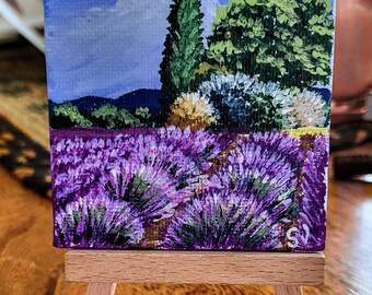 Lavender Field, miniture Art, original acrylic painting by Svitlana
