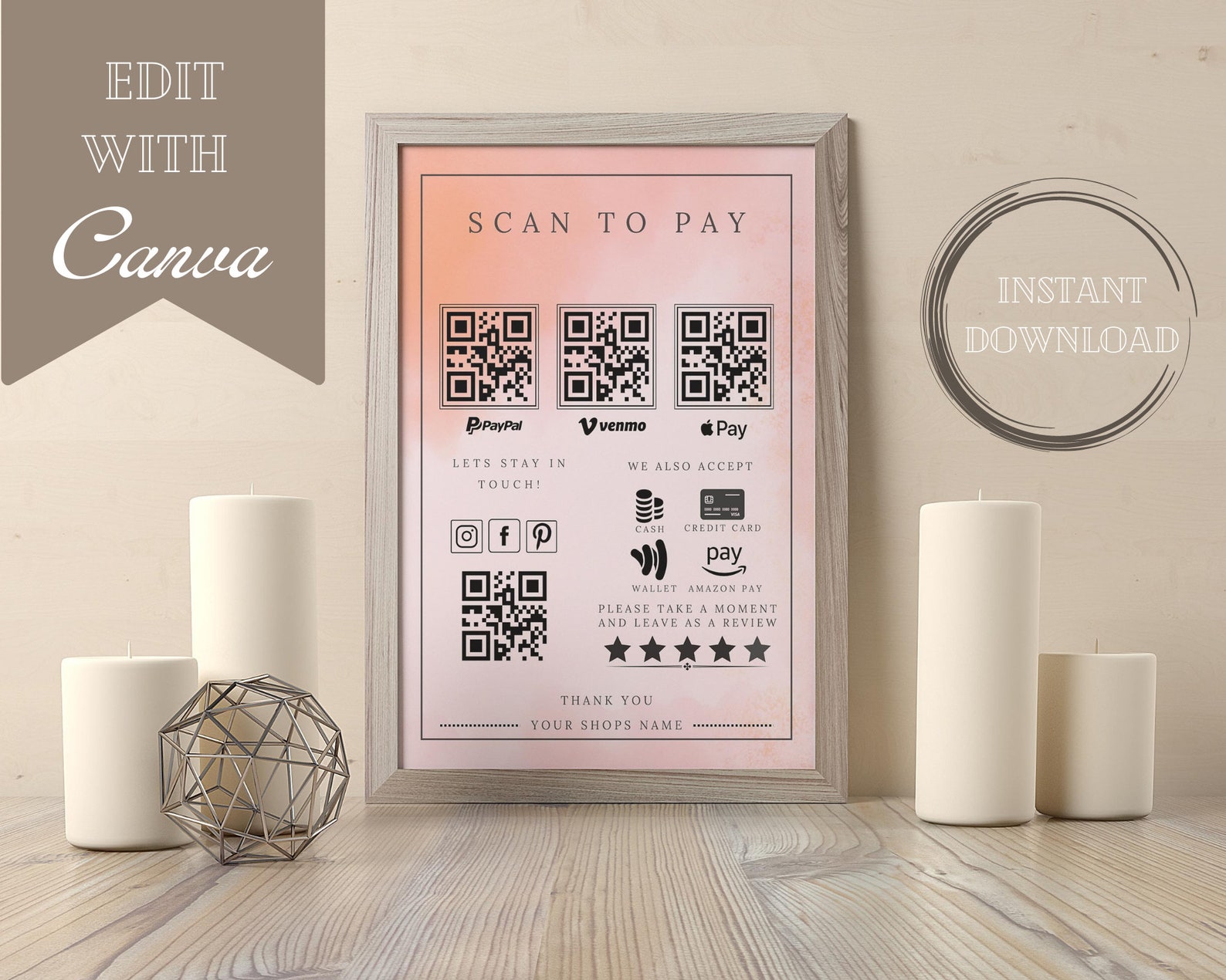Scan to pay canva editable sign template scan and pay sign etsy