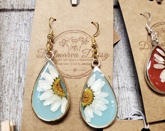 Color Daisy Dangles / Bold / Gifts for Her /  Gold / light-weight earrings / stainless / pressed flowers / Nature-inspired