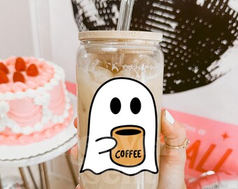 Coffee Ghostie Glass Cup, Ghost Glass Cup, Bamboo Lid & Straw Optional