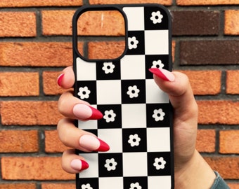 Black Checkered case for iPhone, Floral Retro phone case, iPhone 11 12 13 14 Pro Max