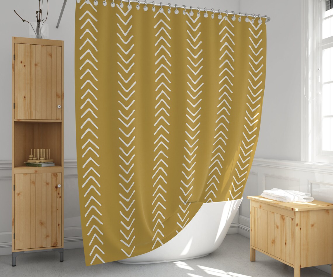 Mudcloth Print Boho Shower Curtain Mustard Color Bathroom Etsy