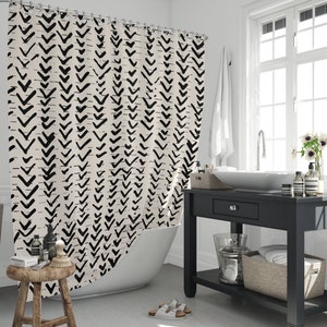 Herringbone Fabric Shower Curtain Farmhouse Waterproof Shower Curtain with  Hooks