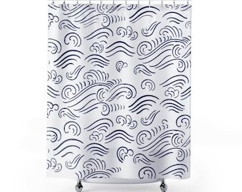 Ocean Waves Shower Curtains, Bathroom Decor, Unique Shower Curtain, Navy &  White