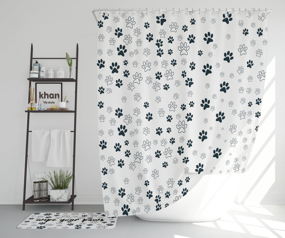Pet Paw Print Bathroom Set, Cute Cat & Dog Paw Shower Curtain, Funny Bath Curtain, Kids Bathroom