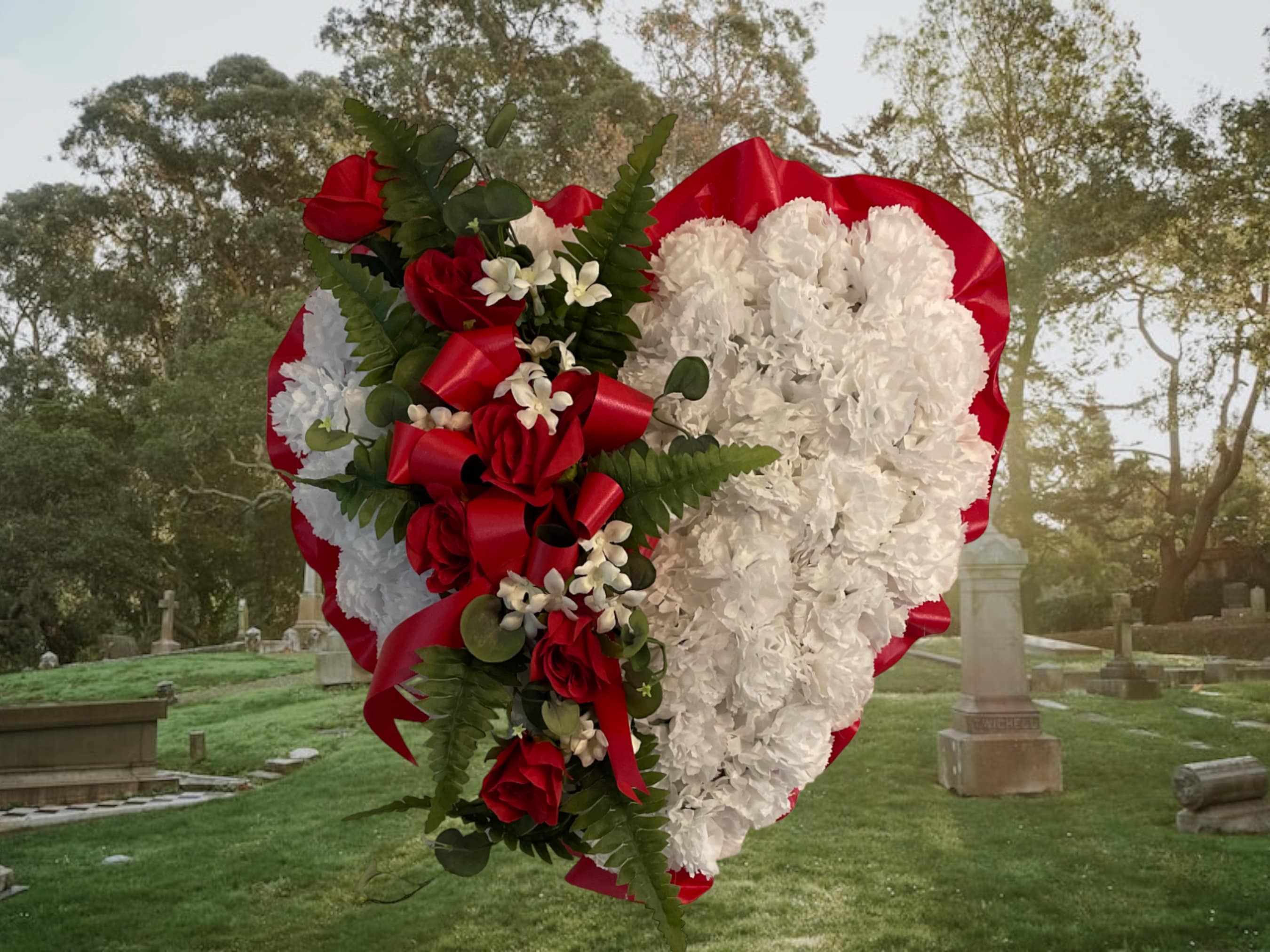 Lodou Artificial Cemetery Flowers - 2 Heart Shaped Rose Wreaths With Ground Spike, Red