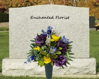 Cemetery Flowers – One-Sided Gravesite Floral Arrangement – Yellow, Purple & Blue Memorial Flowers