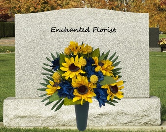 Cemetery Flowers - Gravesite Floral Arrangement -  Sunflowers Yellow Blue