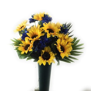 Cemetery Grave Site  Memorial Flowers Yellow Sunflowers Blue Flowers