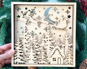 Feliz Navidad Shadow Box Laser,Navidad invierno en el bosque Plantilla de corte de papel 3D Caja de luz SVG Digital,Lightbox Snow Santa's laser