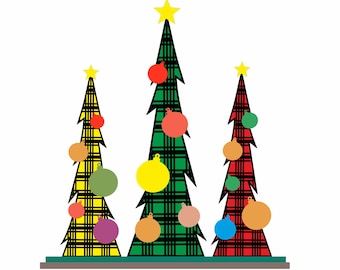 May include: Three Christmas trees with ornaments. The tree on the left is yellow and black plaid, the middle tree is green and black plaid, and the tree on the right is red and black plaid.