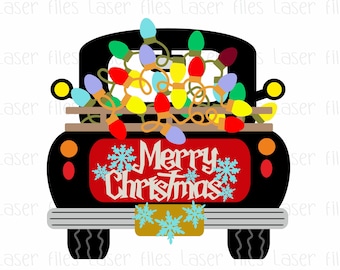 May include: A black pickup truck with a red tailgate that says "Merry Christmas" in white letters. The truck bed is filled with colorful Christmas lights.