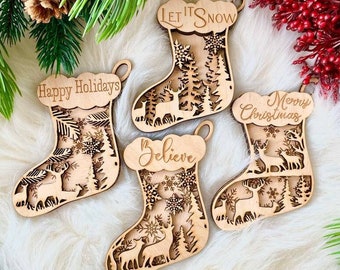Schneeflocke, Strumpf Ornamente Set von 3, kann personalisierte SVG sein, Weihnachtsverzierung SVG, Ornamente Set von 3 SVG Digital Download für Glowforge