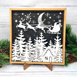 Merry Christmas Shadow Box Laser,Christmas winter in forest 3D Paper Cut Template Light Box SVG Digital,Lightbox Snow Santa&#39;s laser
