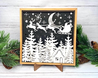 Merry Christmas Shadow Box Laser,Christmas winter in forest 3D Paper Cut Template Light Box SVG Digital,Lightbox Snow Santa's laser