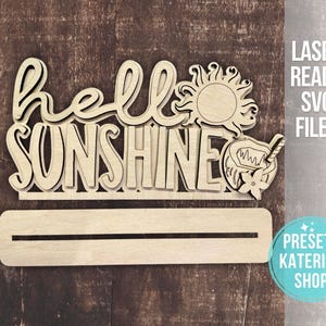 Letrero de pie para estante de Hello Sunshine, archivo SVG, archivo cortado con láser de verano, estante de verano SVG, decoración de repisa de verano