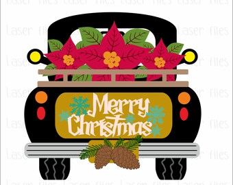 May include: A black pickup truck with a bed full of red poinsettias. The truck has a gold background with the words "Merry Christmas" written in a festive font. There are pine cones hanging from the back bumper.