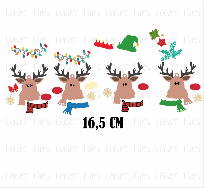 May include: Four reindeer head ornaments with different colored scarves and hats. The ornaments are 16.5 inches tall.