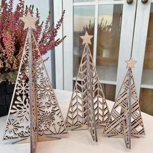 3D Snowflake Standing trees Set of 4 SVG files Glowforge laser, christmas tree svg,