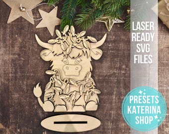 Highland Christmas Lights Standing File SVG, Cow Christmas Decor, Holiday Decor,Ornament, Farm Decor, Tiered Tray Glowforge,
