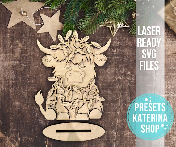 Highland Christmas Lights Standing File SVG, Cow Christmas Decor, Holiday Decor,Ornament, Farm Decor, Tiered Tray Glowforge,