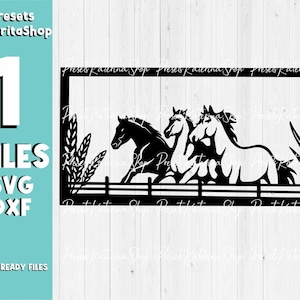 May include: Black and white silhouette of three horses running through a gate with tall grass on either side. The image is framed in a rectangular border.
