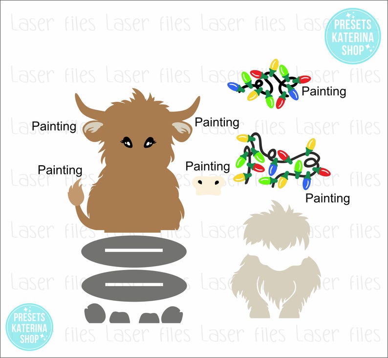 May include: A brown Highland cow with a white nose and black eyes, sitting on a gray platform with two gray lines. The cow is surrounded by four gray rocks. There are four strings of colorful Christmas lights in the background.