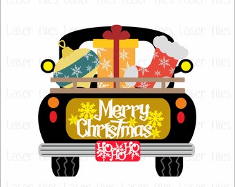 May include: A black truck bed illustration filled with Christmas gifts, ornaments, and a stocking. The truck bed has the words "Merry Christmas" and "Ho Ho Ho" on it. The gifts are wrapped in yellow paper with snowflakes.