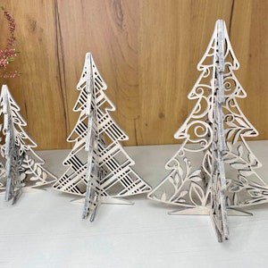 Set di 3 file SVG di alberi in piedi con fiocchi di neve 3D Glowforge of Laser, albero di Natale svg,