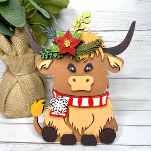 Highland Kuh SVG Digitaler Download für Glowforge | Weihnachten Regalsitter Laser Cut Design SVG | Weihnachts-Laserdatei