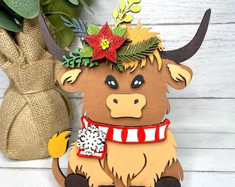 Christmas Highland Cow SVG Digital Download For Glowforge | Christmas Shelf Sitter Laser Cut Design SVG | Christmas Laser File