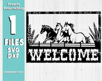 May include: Black and white silhouette of three horses running through a gate with the word "WELCOME" in a white font on a black background.