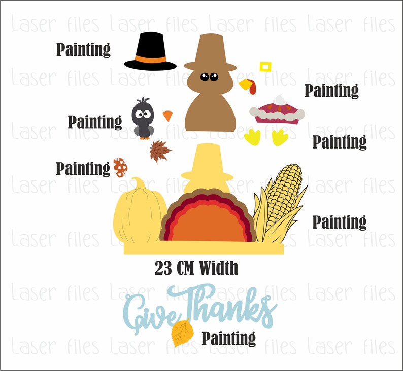 K&ouml;nnte beinhalten: Ein Thanksgiving-Bastelprojekt mit einem Truthahn, einem K&uuml;rbis, Mais und einer Torte. Das Bastelprojekt ist 23 cm breit und enth&auml;lt die Worte "Give Thanks".
