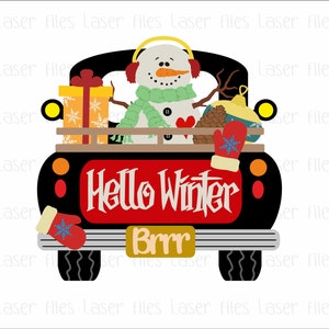May include: A black pickup truck with a red bed and the words "Hello Winter" in white lettering. A snowman with a green scarf and red earmuffs is in the back of the truck with a pine cone, a gold ornament, and a gift box. The truck has a gold number plate that says "Brrr".