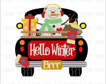 May include: A black pickup truck with a red bed and the words "Hello Winter" in white lettering. A snowman with a green scarf and red earmuffs is in the back of the truck with a pine cone, a gold ornament, and a gift box. The truck has a gold license plate that says "Brrr".