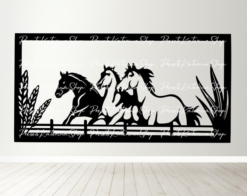 May include: Black silhouette of three horses running over a fence with tall grass on either side. The horses are in a line, with the horse in the back slightly behind the other two. The horses are running to the right.