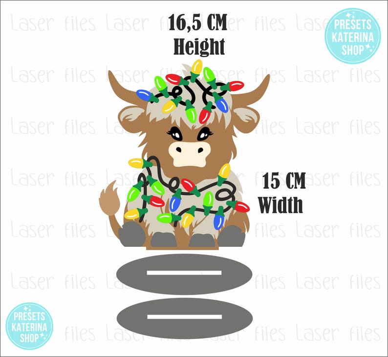May include: A brown and white Highland cow with a red, green, blue, and yellow string of Christmas lights wrapped around it. The cow is sitting on a gray base with two gray lines. The image includes the text "16.5 CM Height" and "15 CM Width".