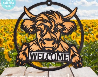Panneau de bienvenue vache Highland, Cricut, décor de ferme, svg floral printanier, téléchargement numérique, accroche-porte rond svg, fichier laser Glowforge