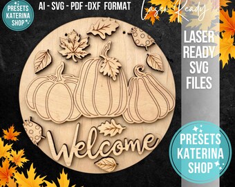 Jesienny wieszak na drzwi SVG - Witaj, jesieni - Jesienny znak SVG - Jesienne dekoracje - Kwiaty - Pliki Glowforge - Jesienna dynia SVG - Pliki wycinane laserowo