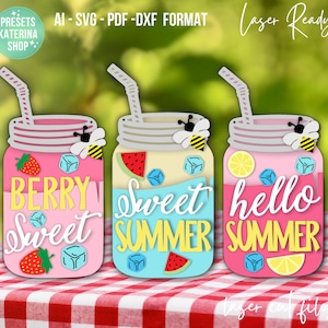 File SVG per appendino da porta "Hello Summer Mason Jar" / File tagliato al laser / File SVG per l'estate / Appendino da porta in formato SVG / Laser alla fragola / Barattolo di vetro