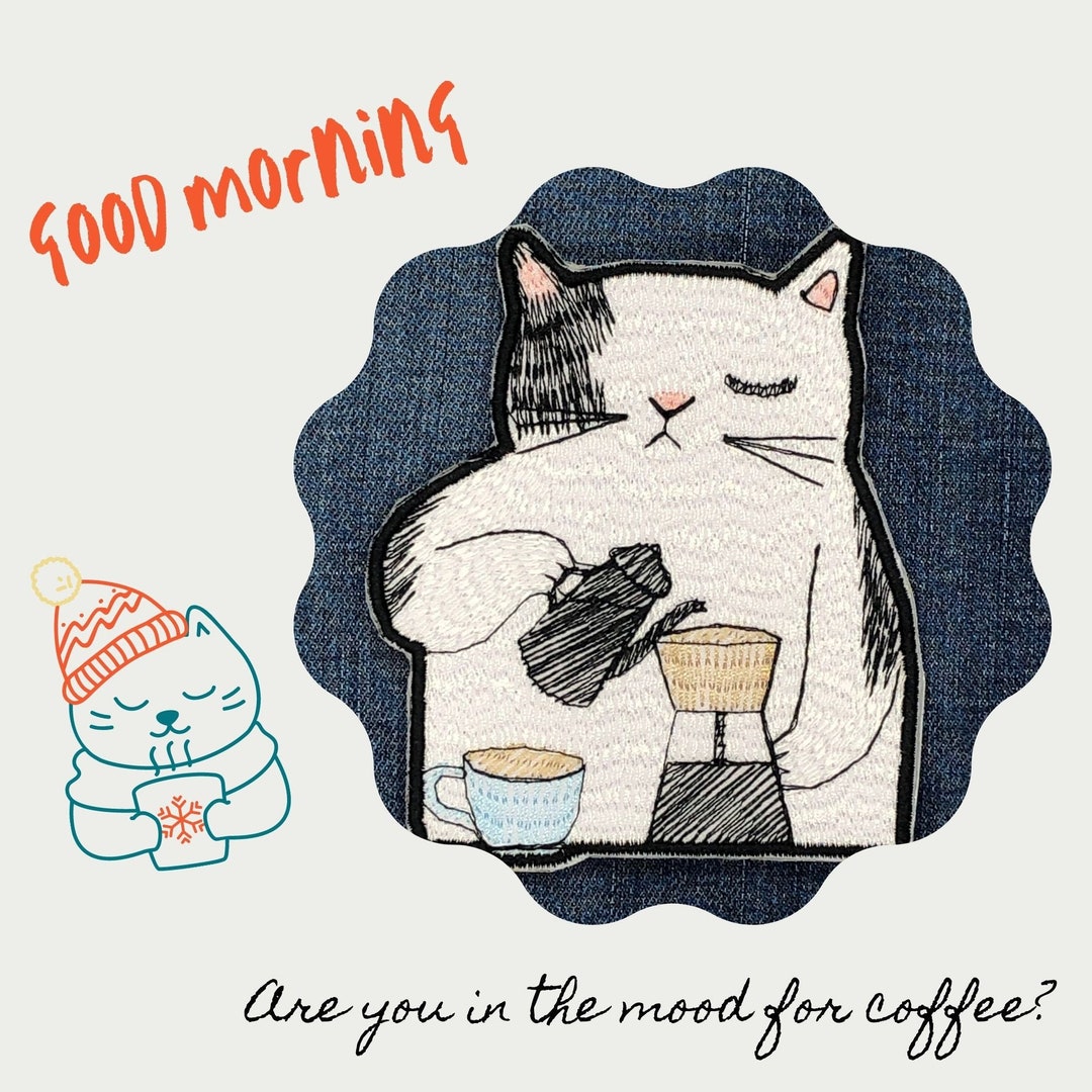 Katze mit Kaffeemaschine Stickdatei, Barista Katze zum digitalen