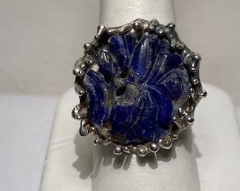 Modernist Sterling Silver Carved Lapis Ring Size 7.5