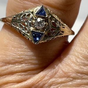 Art Deco 18Kt White Gold Sapphire Diamond Ring Size 8