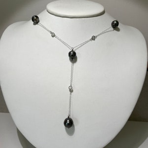 Antique Art Deco 14Kt White Gold Tahitian Pearl Y Drop Necklace image 1